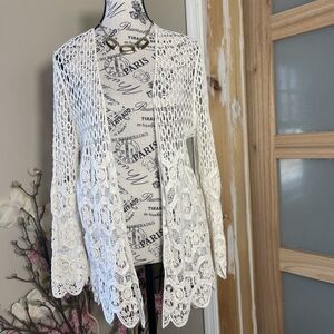 Capri Handknit 100% Cotton White Lace Knit Crochet Cardigan Size S/M Beach Boho